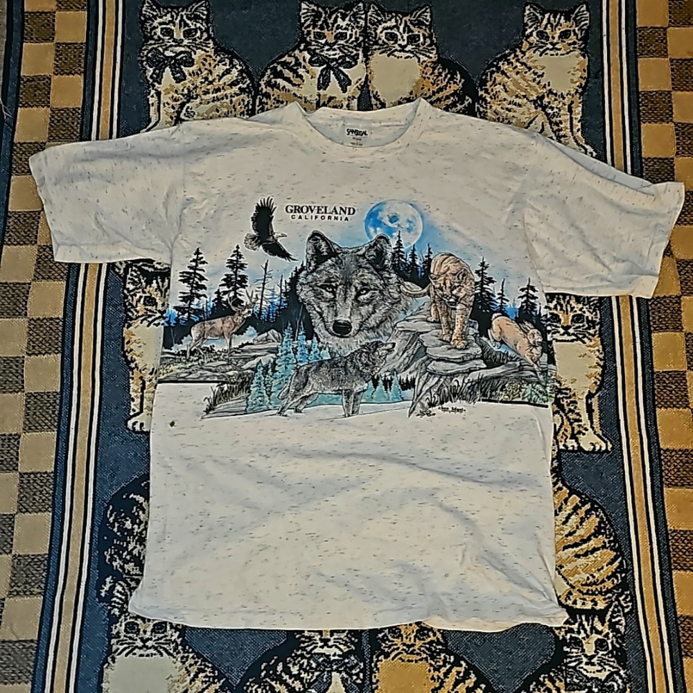 San Segal vintage tee shirt nature print 1991 moon wolf lion elk rabbit 🐇i0